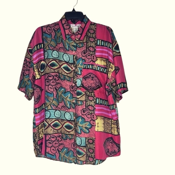 VTG STUNT COLLECTIONS Abstract Pattern Short Sleeve 100% Silk Shirt Women's L - Picture 4 of 16